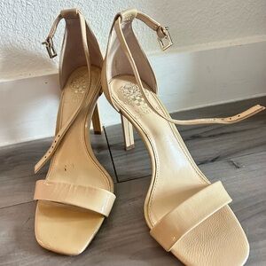 Vince Camuto Beige Patent-Ankle Strap Stiletto Sandals